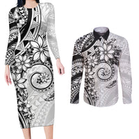 Polynesian Pattern With Plumeria Flowers Couples Matching Long Sleeve Bodycon Dress and Long Sleeve Button Shirt White
