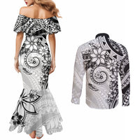 Polynesian Pattern With Plumeria Flowers Couples Matching Mermaid Dress and Long Sleeve Button Shirt White