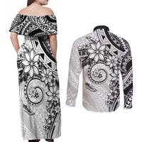 Polynesian Pattern With Plumeria Flowers Couples Matching Off Shoulder Maxi Dress and Long Sleeve Button Shirt White