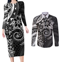 Polynesian Pattern With Plumeria Flowers Couples Matching Long Sleeve Bodycon Dress and Long Sleeve Button Shirt Black