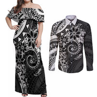 Polynesian Pattern With Plumeria Flowers Couples Matching Off Shoulder Maxi Dress and Long Sleeve Button Shirt Black