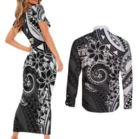 Polynesian Pattern With Plumeria Flowers Couples Matching Short Sleeve Bodycon Dress and Long Sleeve Button Shirt Black
