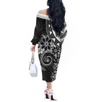 Polynesian Pattern With Plumeria Flowers Off The Shoulder Long Sleeve Dress Black LT05 - Polynesian Pride