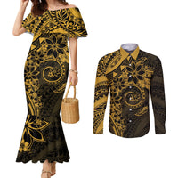 Polynesian Sunset Plumeria Couples Matching Mermaid Dress and Long Sleeve Button Shirt Gold Polynesian Tattoo