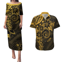 Polynesian Sunset Plumeria Couples Matching Puletasi and Hawaiian Shirt Gold Polynesian Tattoo