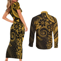 Polynesian Sunset Plumeria Couples Matching Short Sleeve Bodycon Dress and Long Sleeve Button Shirt Gold Polynesian Tattoo