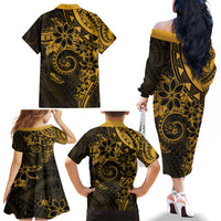 Polynesian Sunset Plumeria Family Matching Off The Shoulder Long Sleeve Dress and Hawaiian Shirt Gold Polynesian Tattoo LT05 - Polynesian Pride