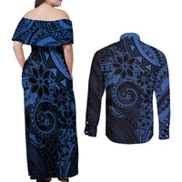 Polynesian Sunset Plumeria Couples Matching Off Shoulder Maxi Dress and Long Sleeve Button Shirt Navy Polynesian Tattoo