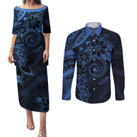 Polynesian Sunset Plumeria Couples Matching Puletasi and Long Sleeve Button Shirt Navy Polynesian Tattoo