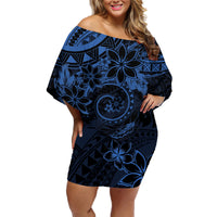 Polynesian Sunset Plumeria Family Matching Off Shoulder Short Dress and Hawaiian Shirt Navy Polynesian Tattoo LT05 Mom's Dress Navy - Polynesian Pride