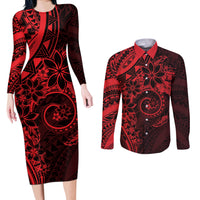 Polynesian Sunset Plumeria Couples Matching Long Sleeve Bodycon Dress and Long Sleeve Button Shirt Red Polynesian Tattoo