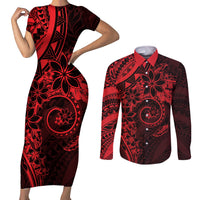 Polynesian Sunset Plumeria Couples Matching Short Sleeve Bodycon Dress and Long Sleeve Button Shirt Red Polynesian Tattoo