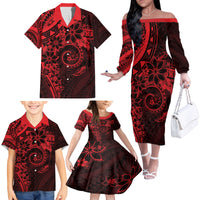 Polynesian Sunset Plumeria Family Matching Off The Shoulder Long Sleeve Dress and Hawaiian Shirt Red Polynesian Tattoo LT05 - Polynesian Pride
