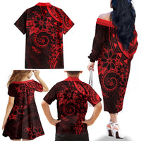 Polynesian Sunset Plumeria Family Matching Off The Shoulder Long Sleeve Dress and Hawaiian Shirt Red Polynesian Tattoo LT05 - Polynesian Pride