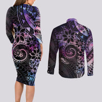 Polynesian Sunset Plumeria Couples Matching Long Sleeve Bodycon Dress and Long Sleeve Button Shirt Galaxy Polynesian Tattoo