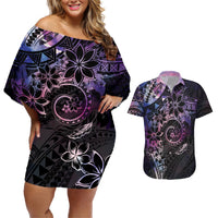 Polynesian Sunset Plumeria Couples Matching Off Shoulder Short Dress and Hawaiian Shirt Galaxy Polynesian Tattoo