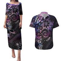 Polynesian Sunset Plumeria Couples Matching Puletasi and Hawaiian Shirt Galaxy Polynesian Tattoo