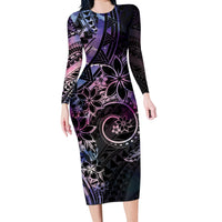 Polynesian Sunset Plumeria Long Sleeve Bodycon Dress Galaxy Polynesian Tattoo