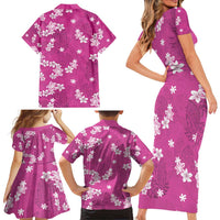 Hawaii Monstera Deliciosa Family Matching Short Sleeve Bodycon Dress and Hawaiian Shirt Pink Plumeria Polynesian Pattern LT05 - Polynesian Pride