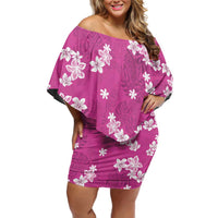 Hawaii Monstera Deliciosa Off Shoulder Short Dress Pink Plumeria Polynesian Pattern - Polynesian Pride