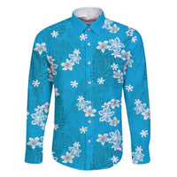 Hawaii Monstera Deliciosa Family Matching Long Sleeve Bodycon Dress and Hawaiian Shirt Blue Plumeria Polynesian Pattern LT05 Dad's Shirt - Long Sleeve Blue - Polynesian Pride