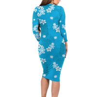Hawaii Monstera Deliciosa Family Matching Long Sleeve Bodycon Dress and Hawaiian Shirt Blue Plumeria Polynesian Pattern LT05 - Polynesian Pride