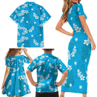 Hawaii Monstera Deliciosa Family Matching Short Sleeve Bodycon Dress and Hawaiian Shirt Blue Plumeria Polynesian Pattern LT05 - Polynesian Pride