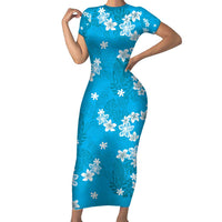 Hawaii Monstera Deliciosa Family Matching Short Sleeve Bodycon Dress and Hawaiian Shirt Blue Plumeria Polynesian Pattern LT05 Mom's Dress Blue - Polynesian Pride