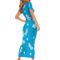 Hawaii Monstera Deliciosa Family Matching Short Sleeve Bodycon Dress and Hawaiian Shirt Blue Plumeria Polynesian Pattern LT05 - Polynesian Pride