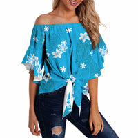Hawaii Monstera Deliciosa Off Shoulder Wrap Waist Top Blue Plumeria Polynesian Pattern LT05 - Polynesian Pride