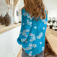 Hawaii Monstera Deliciosa Women Casual Shirt Blue Plumeria Polynesian Pattern - Polynesian Pride
