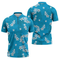 Hawaii Monstera Deliciosa Zipper Polo Shirt Blue Plumeria Polynesian Pattern - Polynesian Pride