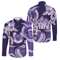 Utah State Polynesian Heritage Family Matching Long Sleeve Bodycon Dress and Hawaiian Shirt Floral Tribal Pattern Tropical Flowers LT05 Dad's Shirt - Long Sleeve Purple - Polynesian Pride