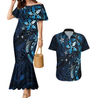 Hawaii Makahiki Season Couples Matching Mermaid Dress and Hawaiian Shirt Floral Tribal Tattoo Blue Galaxy LT05 Blue - Polynesian Pride