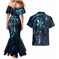 Hawaii Makahiki Season Couples Matching Mermaid Dress and Hawaiian Shirt Floral Tribal Tattoo Blue Galaxy LT05 - Polynesian Pride
