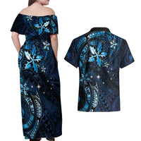 Hawaii Makahiki Season Couples Matching Off Shoulder Maxi Dress and Hawaiian Shirt Floral Tribal Tattoo Blue Galaxy LT05 - Polynesian Pride