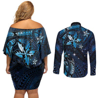 Hawaii Makahiki Season Couples Matching Off Shoulder Short Dress and Long Sleeve Button Shirt Floral Tribal Tattoo Blue Galaxy LT05 - Polynesian Pride