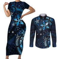 Hawaii Makahiki Season Couples Matching Short Sleeve Bodycon Dress and Long Sleeve Button Shirt Floral Tribal Tattoo Blue Galaxy LT05 Blue - Polynesian Pride