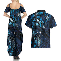 Hawaii Makahiki Season Couples Matching Summer Maxi Dress and Hawaiian Shirt Floral Tribal Tattoo Blue Galaxy LT05 - Polynesian Pride