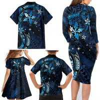 Hawaii Makahiki Season Family Matching Long Sleeve Bodycon Dress and Hawaiian Shirt Floral Tribal Tattoo Blue Galaxy LT05 - Polynesian Pride