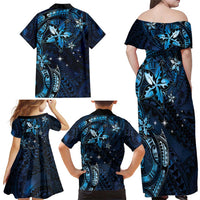 Hawaii Makahiki Season Family Matching Off Shoulder Maxi Dress and Hawaiian Shirt Floral Tribal Tattoo Blue Galaxy LT05 - Polynesian Pride