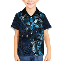 Hawaii Makahiki Season Family Matching Off Shoulder Maxi Dress and Hawaiian Shirt Floral Tribal Tattoo Blue Galaxy LT05 Son's Shirt Blue - Polynesian Pride