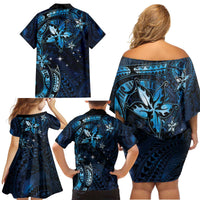 Hawaii Makahiki Season Family Matching Off Shoulder Short Dress and Hawaiian Shirt Floral Tribal Tattoo Blue Galaxy LT05 - Polynesian Pride