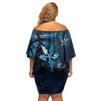 Hawaii Makahiki Season Family Matching Off Shoulder Short Dress and Hawaiian Shirt Floral Tribal Tattoo Blue Galaxy LT05 - Polynesian Pride