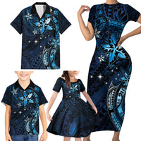 Hawaii Makahiki Season Family Matching Short Sleeve Bodycon Dress and Hawaiian Shirt Floral Tribal Tattoo Blue Galaxy LT05 - Polynesian Pride