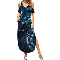 Hawaii Makahiki Season Family Matching Summer Maxi Dress and Hawaiian Shirt Floral Tribal Tattoo Blue Galaxy LT05 Mom's Dress Blue - Polynesian Pride