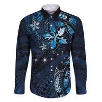 Hawaii Makahiki Season Family Matching Tank Maxi Dress and Hawaiian Shirt Floral Tribal Tattoo Blue Galaxy LT05 Dad's Shirt - Long Sleeve Blue - Polynesian Pride