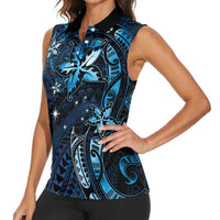 Hawaii Makahiki Season Women Sleeveless Polo Shirt Floral Tribal Tattoo Blue Galaxy