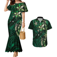 Hawaii Makahiki Season Couples Matching Mermaid Dress and Hawaiian Shirt Floral Tribal Tattoo Green Galaxy LT05 Green - Polynesian Pride