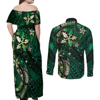 Hawaii Makahiki Season Couples Matching Off Shoulder Maxi Dress and Long Sleeve Button Shirt Floral Tribal Tattoo Green Galaxy LT05 - Polynesian Pride